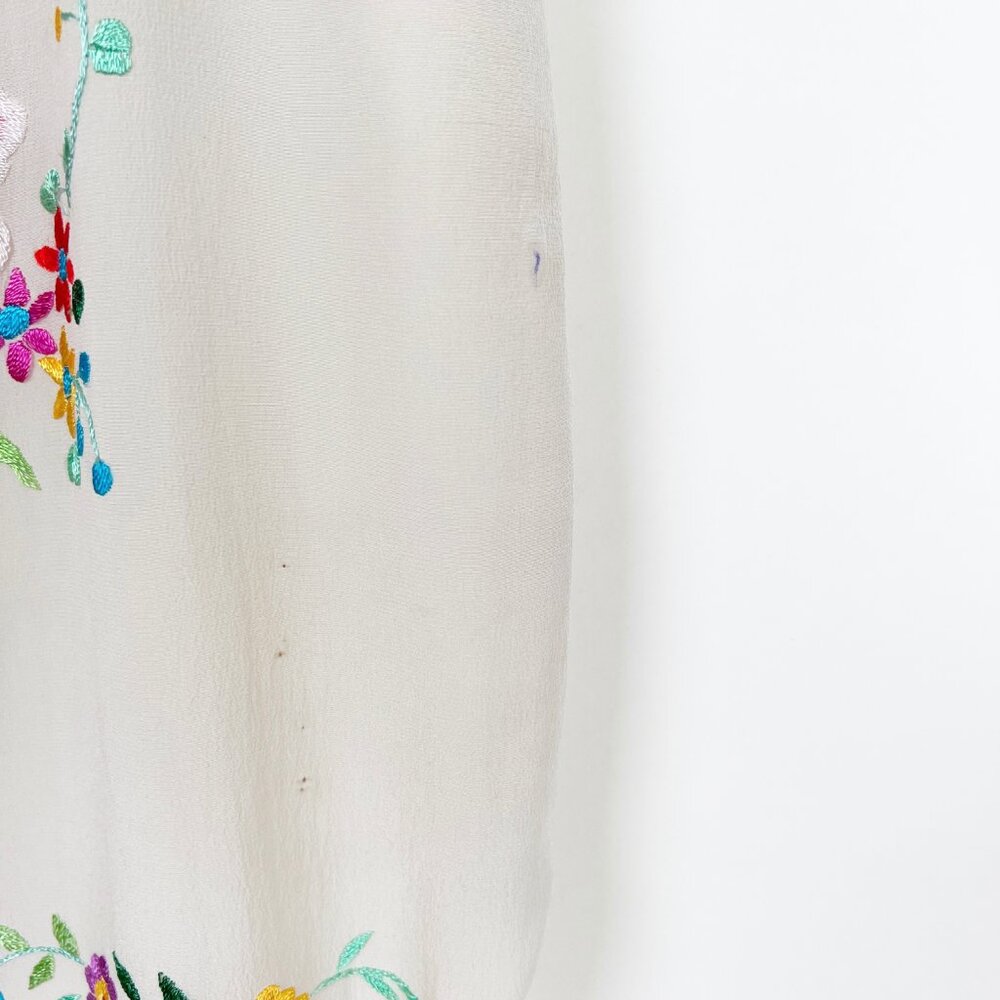 100% Silk Vintage Handmade Embroidered Floral Fringe Tassel Mini Midi Sun Dress - Picture 6 of 7